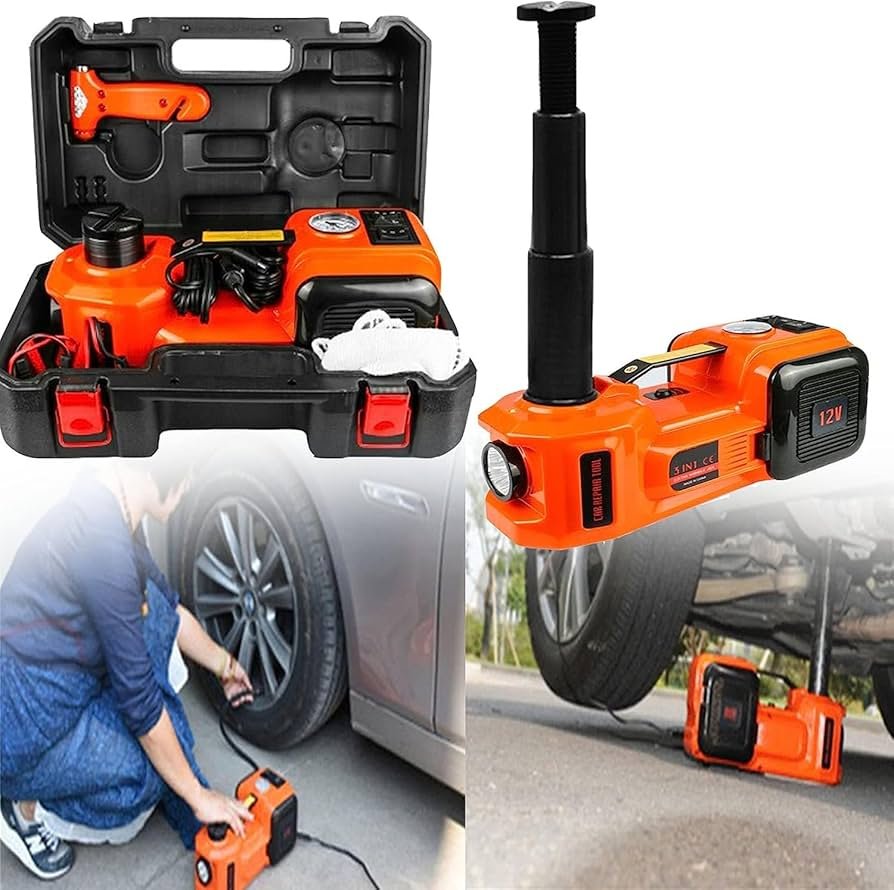 3-Ton 12V Electric Car Jack Kit with Built-In Tire Inflator & LED Light